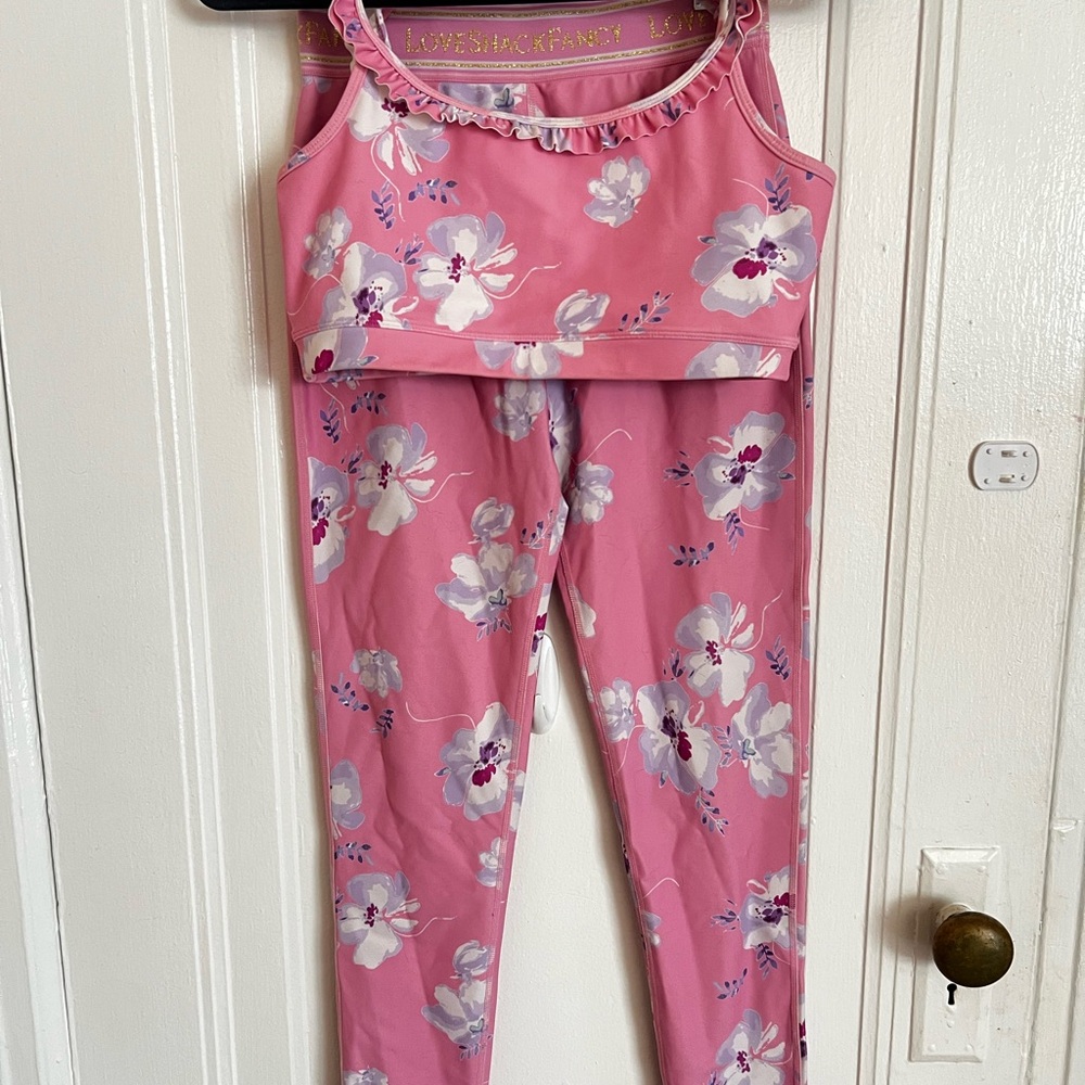 LoveShackFancy Pink and Purple Floral work out set